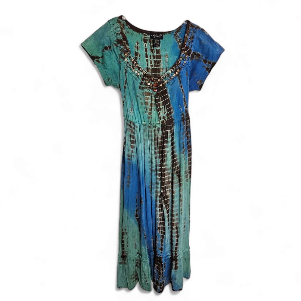 Lola P. Women's Boho Batik Tie-dye Midi Dress Size L